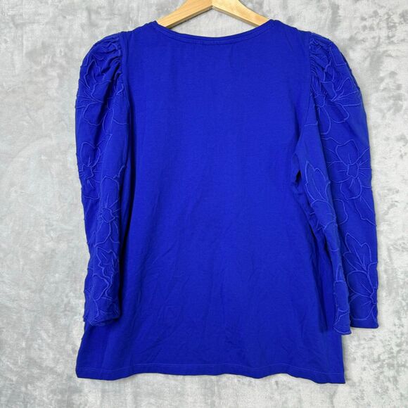 Chicos Top Womens Large Blue Knit Embroidered Floral Puff 3/4 Sleeve Stretch - Picture 2 of 10